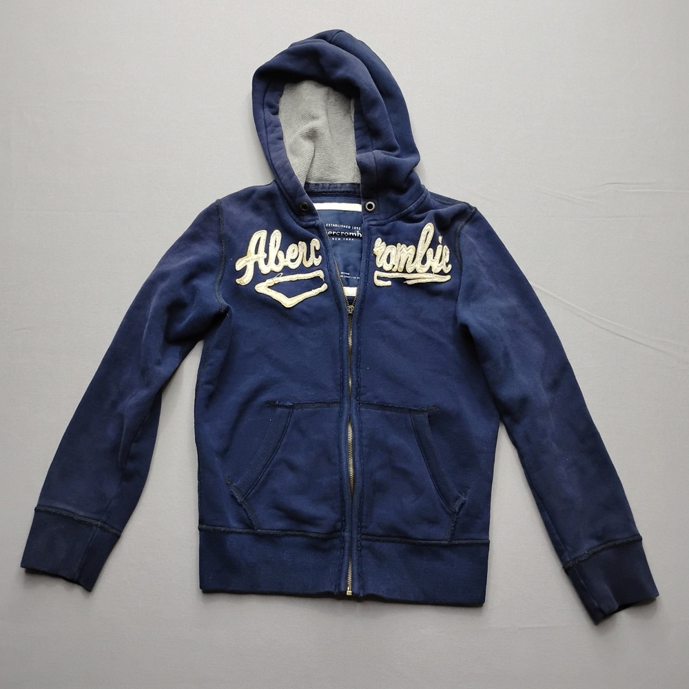 Abercrombie Mens Full Zip Hoodie Navy Blue Logo Fleece Sweatshirt Size M